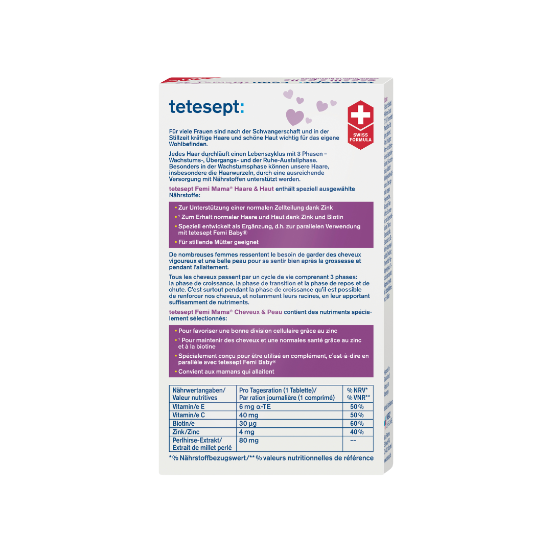 Rückseite mit Nährstofftabelle und Informationen zum Produkt Femi Mama® Haare & Haut von tetesept. Zum Erhalt normaler Haare und Haut. Für stillende Mütter geeignet. Leicht schluckbare Mini-Tablette. Ideal nach der Schwangerschaft für den Erhalt kräftiger Haare und schöner Haut. Speziell ausgewählte Nährstoffe.