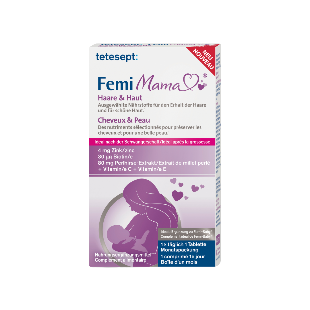 Vorderseite des Produktes Femi Mama® Haare & Haut von tetesept. Zum Erhalt normaler Haare und Haut. Für stillende Mütter geeignet. Leicht schluckbare Mini-Tablette. Ideal nach der Schwangerschaft für den Erhalt kräftiger Haare und schöner Haut. Speziell ausgewählte Nährstoffe.