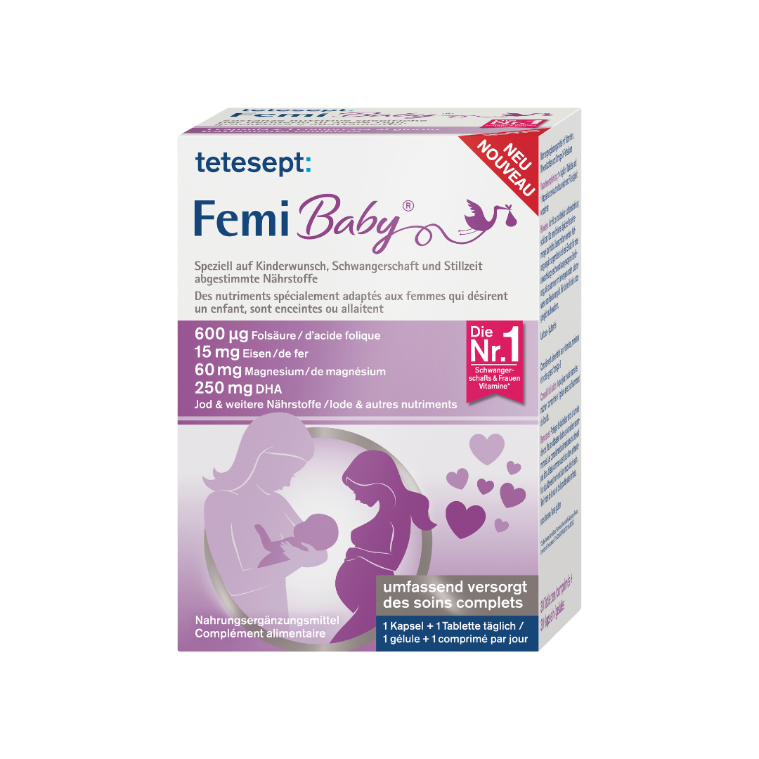 Man sieht die Vorderseite des Produktes Femi Baby® von tetesept. Speziell auf Kinderwunsch, Schwangerschaft und Stillzeit abgestimmte Nährstoffe in der Monatspackung. Die Nr.1 von Schwangerschafts- und Frauenvitaminen.