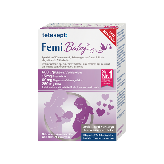 Man sieht die Vorderseite des Produktes Femi Baby® von tetesept. Speziell auf Kinderwunsch, Schwangerschaft und Stillzeit abgestimmte Nährstoffe in der Monatspackung. Die Nr.1 von Schwangerschafts- und Frauenvitaminen.