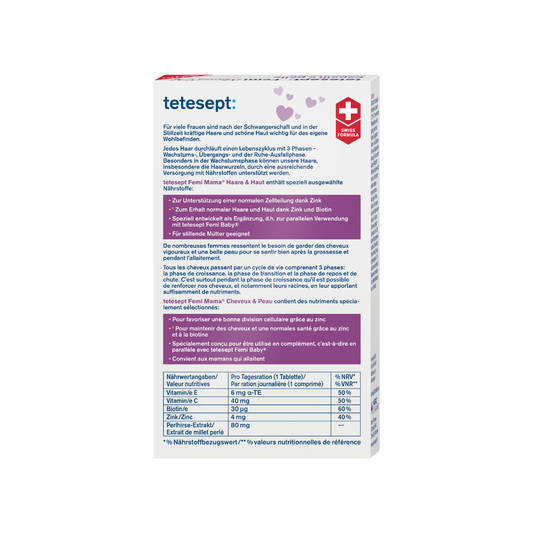 Rückseite mit Nährstofftabelle und Informationen zum Produkt Femi Mama® Haa­re & Haut von tetesept. Zum Erhalt normaler Haare und Haut. Für stillende Mütter geeignet. Leicht schluckbare Mini-Tablette. Ideal nach der Schwangerschaft für den Erhalt kräftiger Haare und schöner Haut. Speziell ausgewählte Nährstoffe.