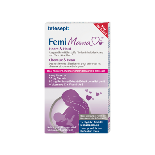 Vorderseite des Produktes Femi Mama® Haa­re & Haut von tetesept. Zum Erhalt normaler Haare und Haut. Für stillende Mütter geeignet. Leicht schluckbare Mini-Tablette. Ideal nach der Schwangerschaft für den Erhalt kräftiger Haare und schöner Haut. Speziell ausgewählte Nährstoffe.