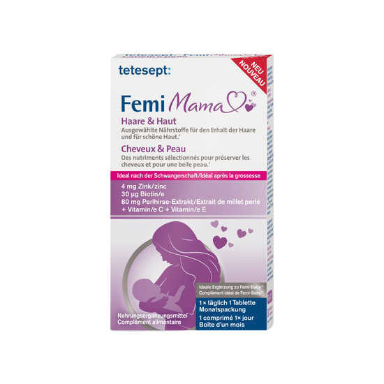 Vorderseite des Produktes Femi Mama® Haa­re & Haut von tetesept. Zum Erhalt normaler Haare und Haut. Für stillende Mütter geeignet. Leicht schluckbare Mini-Tablette. Ideal nach der Schwangerschaft für den Erhalt kräftiger Haare und schöner Haut. Speziell ausgewählte Nährstoffe.