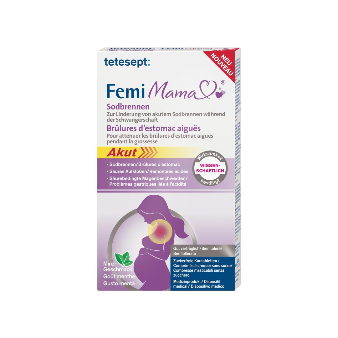 Vorderseite der Produktverpackung von Femi Mama Sodbrennen von tetesept. 